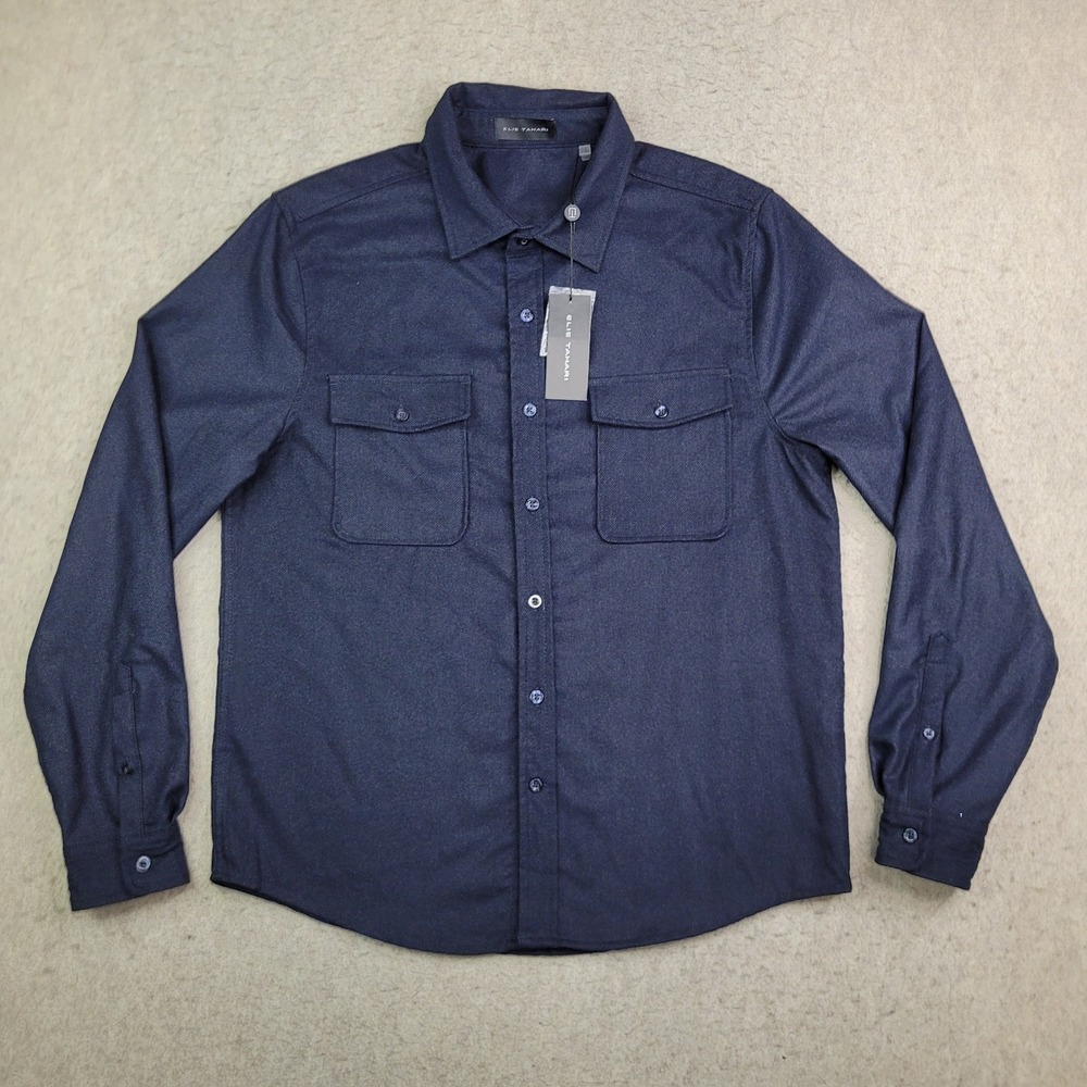 Elie Tahari Shirt Womens M Navy Blue Long Sleeve Button Up Blouse Pockets NEW